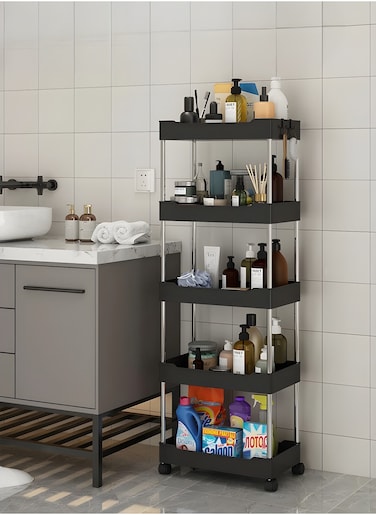 5 Tier Rolling Trolley Storage Organizer Utility Cart with Hooks &amp; Wheels Mobile Functional Shelves for Bathroom Kitchen Office and Laundry Room