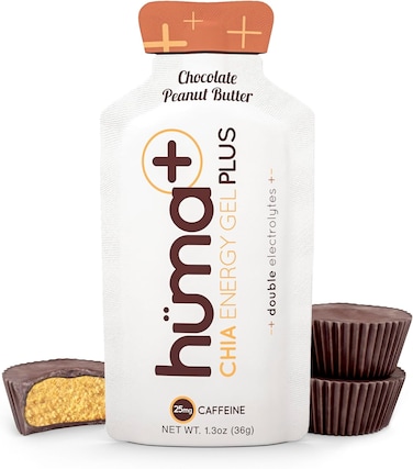 Huma Chia Energy Gel Plus &ndash; Peanut Butter &amp; Chocolate - 9 count x 36g - 21gr Carbs, 240mg Sodium, Double Electrolytes, 100% All Natural, Vegan, Gluten Free