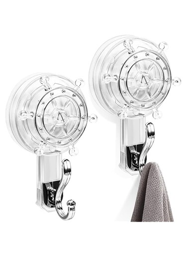 NALACAL 2pcs Strong Suction Cups Hooks, Heavy Duty Suction Cup Hooks, Reusable Removable Towel Holder, Shower Hooks for Inside Shower Suction, Robes, Coat, Door and Window Glass, Wreath Hooks (Clear)