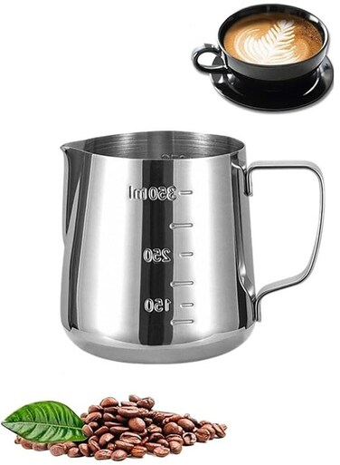 Stainless Steel Milk Pitcher Frothing Jug Cup with scale and Latte Art Needle for Espresso Coffee Milk(350ml)