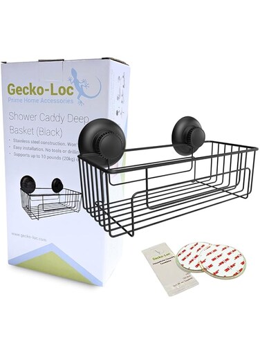Gecko-Loc Large Deep suction cup hanging bathroom shower caddy - shampoo storage basket shelf organizer rustproof stainless steel caddie bath shelves holder rack - Black