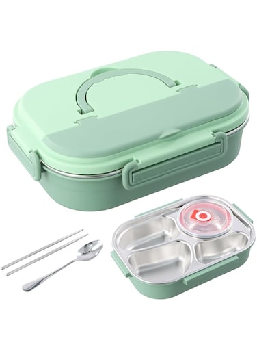 YILANJIN 304 Stainless Steel Lunch Box, 4 Compartment Bento Lunch Box, Convenient Metal Lunch Box with Soup Bowl Chopsticks Spoon for Adults and Children, for School, Office, Picnic(Green)