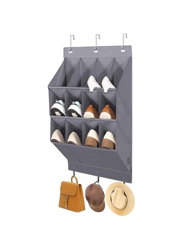 MostNow Over the Door Shoe Organizer,Hanging Shoe Organizer Rack,12 Large Pockets and 2 Larger Storage Various Compartments with 3 Hooks, Home Accessories, Grey (12 Pockets)