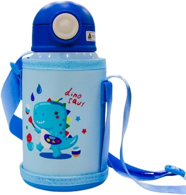 2 in 1 Kids Straw Water Bottle Stainless Steel Dinosaur 550ml Flask with Cup 18 oz Leakproof with Case for Cold and Hot Drinks