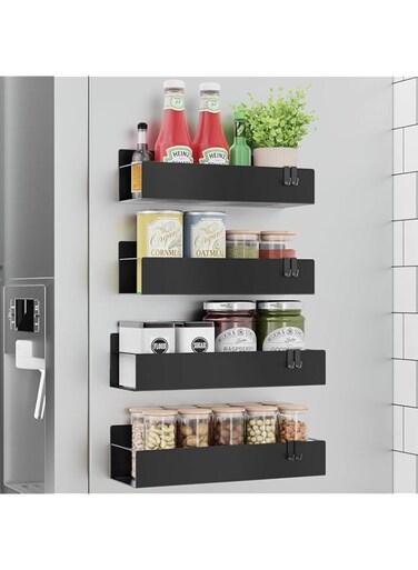 PYEBE Magnetic Spice Rack for Refrigerator, 4 Pack Moveable Fridge Magnetic Spice Racks, Strong Metal Magnetic Shelves for Refrigerator and Microwave Oven, Black (4 Pack)