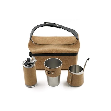Portable Tea Set with Cork Insulated Bag, 4-Piece Set, Stainless Steel Cups, 200ml Capacity, Brown