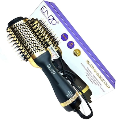 فرشاة فرد الشعر الكهربائية EN-4116 من انزو، مجفف الشعر بخطوة واحدة، فرشاة تجفيف الشعر، فرش ساخنة لتصفيف الشعر وتجفيفه وتكثيفه وفرده (ذهبي 24 قيراط - اسود) ايطاليا