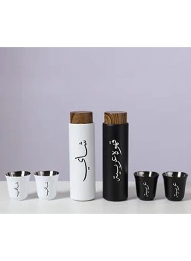 Coffee and Tea Hot and Cold Beverage Pouch Set with 2 Cups Stainless Steel Vacuum Insulated Thermos Cup with Spill Proof Lid 450ml White, Black