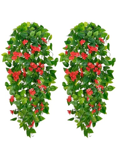 KASTWAVE 2-Pack Red Artificial Pothos Vine - UV Resistant Fake Hanging Flowers for Indoor and Outdoor Decoration, Ideal for Home, Living Room, Wall, Patio Decor Without Baskets