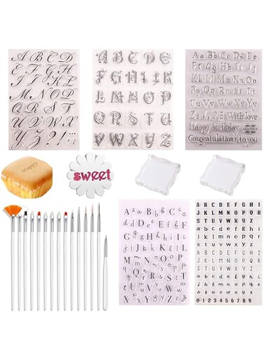 SYOSI Alphabet Cake Stamp Set, 5 Pieces Cake Stamp Tool Letters and Numbers Fondant Cake Mold, 2 Pieces Acrylic Stamping Blocks, 5 Pieces Cake Brushes Embossed Alphabet Tool for DIY Baking