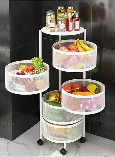 STORE 5 Layer Round Shape Rotating Multipurpose Cart Kitchen Storage Shelf For Fruits And Vegetables Basket With 4 Movable Wheels White Colour