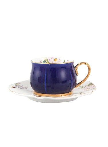 Voguish Unique Gold Handle Small Five Leaf Cup And Saucer Blue/White/Gold 115ml