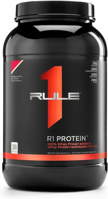 Rule1 1 Whey Protein Powder, Strawberries &amp; Cream 100% Whey Protein Isolate &amp; Whey Protein Hydrolysate Formula, 38 Servings 2.52 Lbs (1.13 Kg)