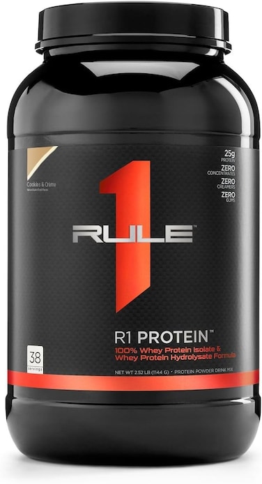 Rule1 1 Whey Protein Powder, Cookies &amp; Cream 100% Whey Protein Isolate &amp; Whey Protein Hydrolysate Formula, 38 Servings 2.52 Lbs (1.14 Kg)