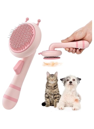 PETPASS Pet Grooming Comb for Cats &amp; Dogs, Self-Cleaning with Cute Bee Design, Pink