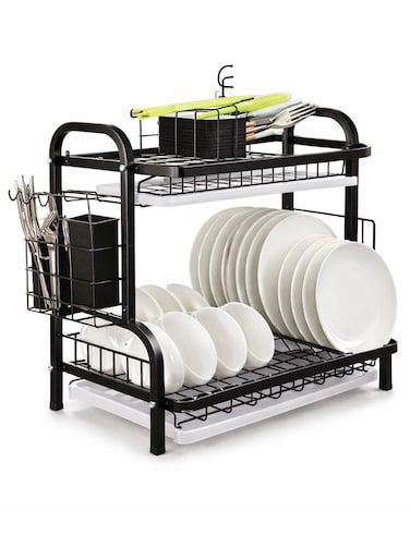 Kitchen Dish Drying Rack 2-Tier with Removable Drainboard &amp; Utensil Holder   Dish Drainer for Countertop &acirc;&euro;&ldquo; Large Capacity Plate &amp; Bowl Organizer with Cup Holder &acirc;&euro;&ldquo; Kitchen Storage Rack (Black)