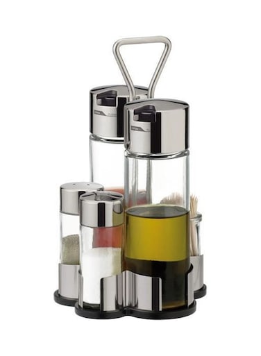 Oil, Vinegar, Salt, Pepper &amp; Toothpick Set &ndash; Transparent/Silver, 21x12x12 cm
