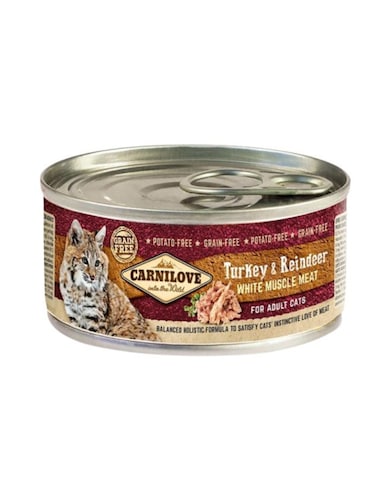 Carnilove Turkey &amp; Reindeer Adult Cat Wet Food &ndash; 12x100g Cans, Grain-Free Complete Nutrition