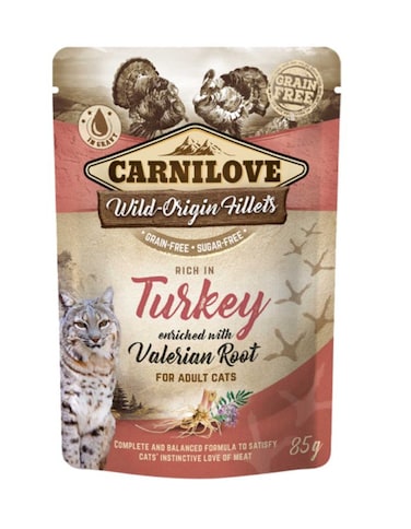 Carnilove Turkey with Valerian Root Wet Food for Adult Cats 24x85g   Grain-Free Wild-Origin Fillets