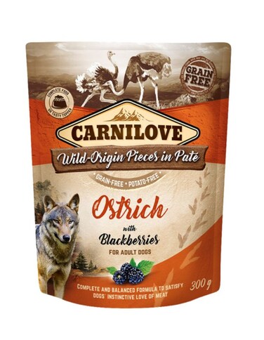 Carnilove Ostrich with Blackberries Wet Food for Adult Dogs &ndash; 12x300g Pouches, Grain-Free, High Meat Content