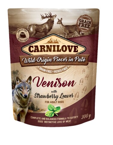 Carnilove Venison with Strawberry Leaves Adult Dog Wet Food Pouches 12x300g &ndash; Grain-Free, High Meat Content