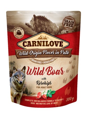 Carnilove Wild Boar with Rosehip Wet Food Pouches for Adult Dogs 12x300g &ndash; Grain-Free, High Meat, Natural Antioxidants