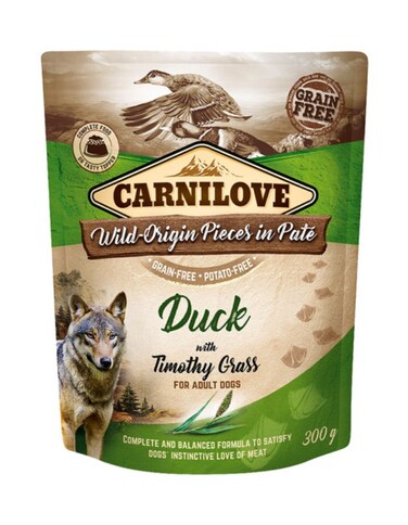 Carnilove Duck with Timothy Grass for Adult Dogs Wet Food Pouches 12x300g   Grain-Free Complete Dog Food