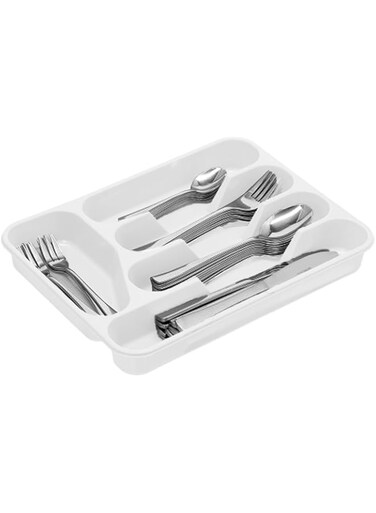 PLASTIFIC Large CUTLERY TRAY Flatware Organiser Strong Plastic Drawer Sliding Tidy Rack Holder Drawer Insert Tidy Storage, 33.5 x 26.5 x 4.5 cm - Solid Base, White
