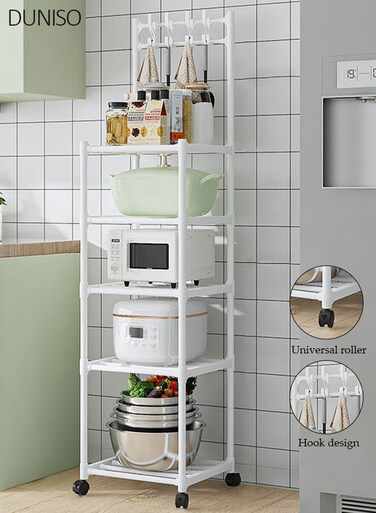 5 Tier Kitchen Storage Shelf Organizer with Top Hooks, Movable Multifunctional Storage Rack, for Laundry Bathroom Kitchen Garage Pantry Organization