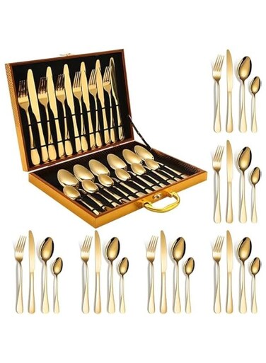Silverware Set,24 Piece Premium Gold Utensil Sets With Wooden Gift Box,Stainless Steel Cutlery Set With Portable Silverware Box,Luxurious Golden Flatware Set