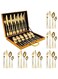 Silverware Set,24 Piece Premium Gold Utensil Sets With Wooden Gift Box,Stainless Steel Cutlery Set With Portable Silverware Box,Luxurious Golden Flatware Set