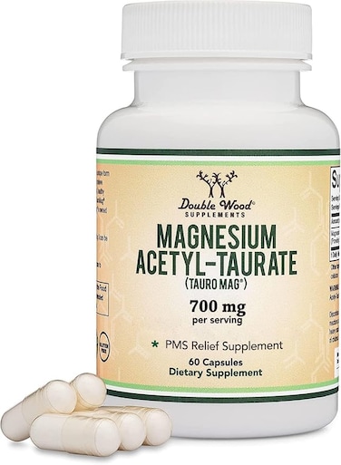 Double Wood Supplements PMS Relief Magnesium (Magnesium Acetyl-Taurate (TauroMag)) Novel and Patented Form of Magnesium for PMS Swing and Cramp Relief (60 Capsules, 350mg)