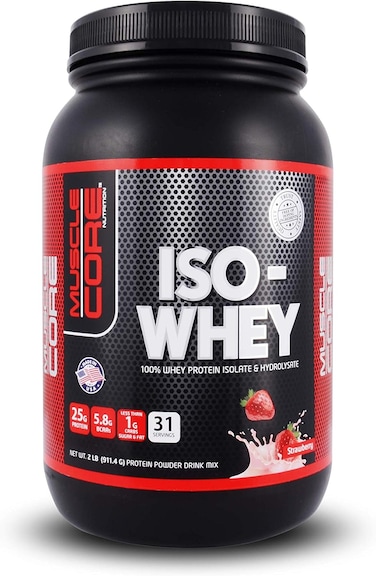 ماسل كور نوتريشون ايزو واي فراولة، 2 باوند (911.4 غرام), بروتين 25 غرام، 5.8 غرام بي سي ايه اس، اقل من 1 جرام كربوهيدرات, بروتين مصل اللبن سريع المفعول ومزيج التحلل المائي, خالي من الجلوتين