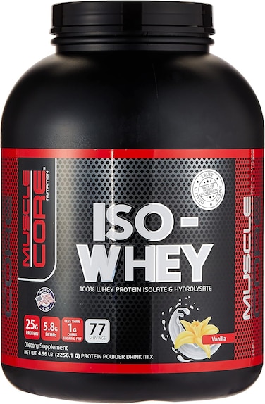 ماسل كور نوتريشون ايزو واي فانيليا، 5 باوند (2256.1 جرام), بروتين 25 غرام، 5.8 غرام بي سي ايه ايه، اقل من 1 جرام كربوهيدرات, بروتين مصل اللبن سريع المفعول ومزيج التحلل المائي, خالي من الجلوتين