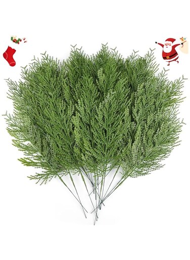 Hananona 40 Pcs Artificial Cedar Sprigs Faux Cedar Spray Branches Cedar Twig Stems Pine Picks Plastic Greenery Ceder Pine Stems Christmas DIY Accessories for Holiday (40, Green)