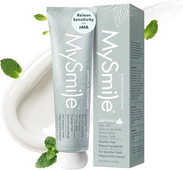 MySmile Fluoride Free Toothpaste, Nano Hydroxyapatite for Sensitive Teeth, Strengthens Enamel, Supports Remineralization &amp; Bright Teeth, Freshens Breath for Adults, SLS Free, Natural Misty Mint, 120g