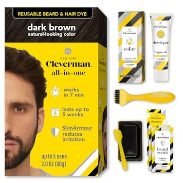 Cleverman Dark Brown Hair &amp; Beard Dye For Men, All-In-One Reusable Kit - Mens Color For Natural-Looking Gray Coverage, Professional-Quality And Ammonia-Free For Hair, Beard &amp; Gray Mustache
