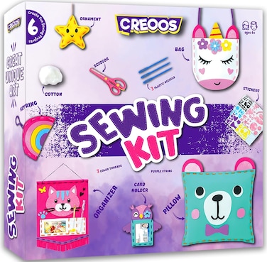 Creoos Sewing Kit for Kids Arts &amp; Crafts for Kids Embroidery Kit 6 DIY Sewing Projects Stuffed Plush Craft Pillow Organizer Unicorn Toys for Girls Stickers Activities Art Set Supplies Birthday Gifts