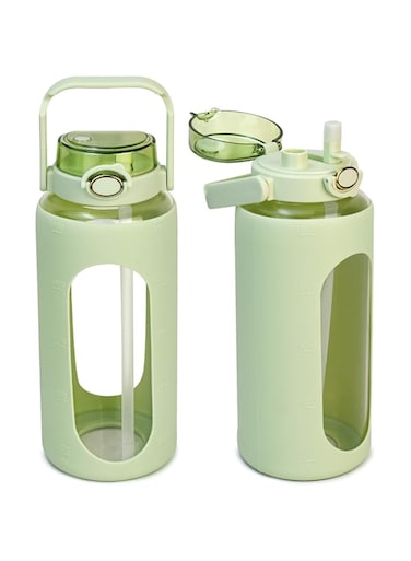 BIGTHREE Glass Water Bottles with Straws, 64oz Motivational Water Bottle with Silicone Sleeve &amp; Double Drinking Lid Handle, Leakproof Reusable Clear Glass Water Jug with Double Drinking Lids (Green)