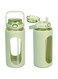 BIGTHREE Glass Water Bottles with Straws, 64oz Motivational Water Bottle with Silicone Sleeve &amp; Double Drinking Lid Handle, Leakproof Reusable Clear Glass Water Jug with Double Drinking Lids (Green)
