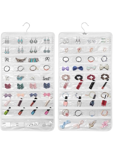 Excefore Hanging Jewelry Organizer, 2 Pcs Accessories Organizer, 160 Clear Pockets Double Sides Wardrobe Storage Holder Bag with Hook for Travel Storing Jewelries Earrings Necklaces Makeups Rings