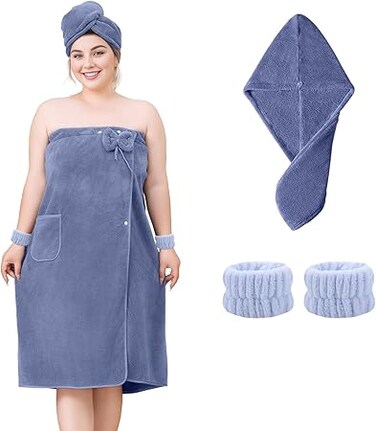 Towel Wrap for Women Plus Size-Wearable Shower Towel Wrap with Hair Towel Wristbands Closure Elastic Top Soft Adjustable Microfiber Dress Towel Spa Wraps for Women's Bathrobe（Blue）