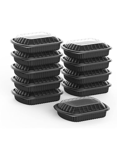Cosmoplast 1 Compartment Pack Of 10 Black Meal Containers With Clear Lids, Trmtc1Wlppbs10, Microwave Container