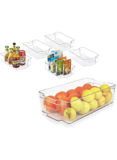 PESCADOR Clear Plastic Refrigerator Storage Organizer Bins, Food Storage Container Box with Handles, Fridge Freezer Kitchen Cabinets, Pack of 6
