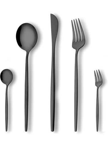 Black Silverware Set 20-Piece, Stainless Steel Flatware Set Service for 4, Unique Utensils with Fork and Spoon Teaspoon, Mirror Black Cutlery Set, Silverware for Home Party Kitchen