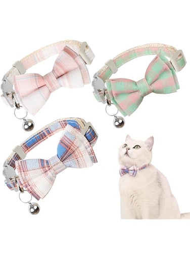 JFFYINgai 3-piece set of cat collars, with bow tie and bell, cat bow tie collar, cute lattice adjustable cat safety collar designed for kittens and some puppies