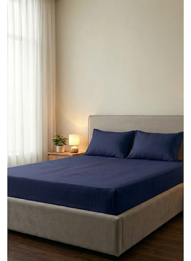 Cotton 3-Piece Microfiber King Fitted Sheet Set &acirc;&euro;&ldquo; Navy Blue Striped 180 x 200 cm with Full Elastic &amp; 2 Pillowcases