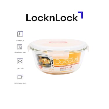 LocknLock 870ml Oven-Safe Borosilicate Glass Round Container with Airtight Lid - Microwave, Freezer, and Dishwasher Safe