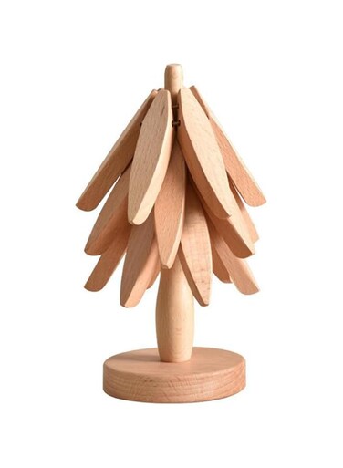 TOMVAES Kitchen Wooden Trivets for Hot Dishes, Tree Shape Trivet Set, Walnut Wood Trivets for Hot Pots and Pans, Collapsible Coasters Heat Resistant Pads for Kitchen Counter (3 Trivets + 1 Stand)