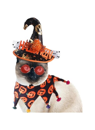 OHANA Halloween Prop Pack of 3 Witch Hat Scarf bell Goggles for Pets, Cats, Dogs, Rabbit Costumes